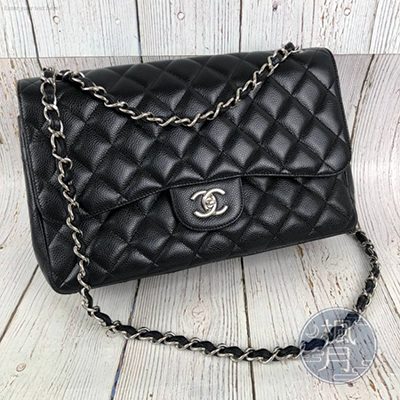 CHANEL 香奈兒 經典款 15開 黑色荔枝皮銀釦 雙C COCO30 JUMBO