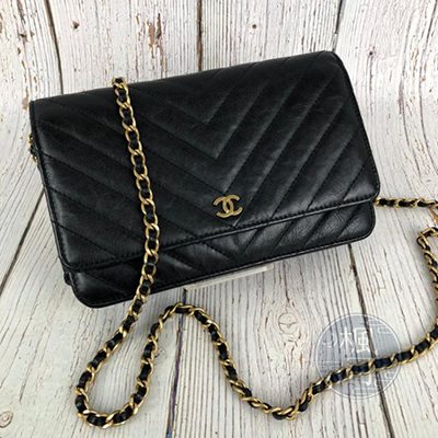 VINTAGE CHANEL 骨董香奈兒(老香)22開 黑色 經典LOGO 皮革 山形紋 WOC 鍊包 肩背包