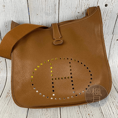 HERMES 愛馬仕 N刻 焦糖色 EVELYNE GM LOGO 打洞 側背包 肩背包