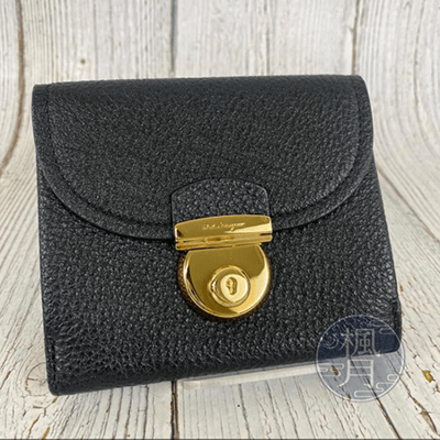 SALVATORE FERRAGAMO 黑色 皮革 金色金屬 壓釦 短夾 中夾 錢包 錢夾